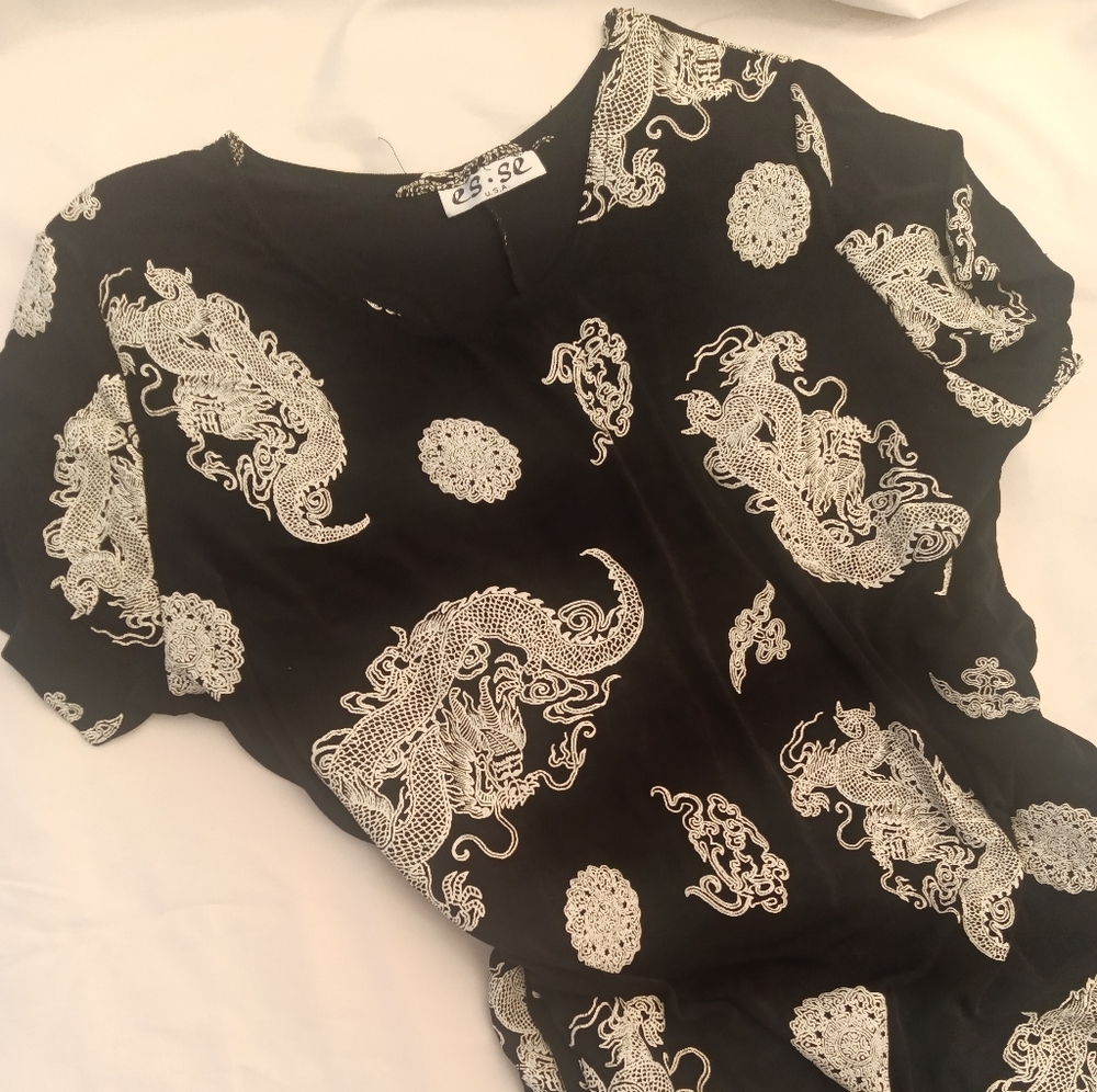 Y2K Dragon Print Maxi Dress Asian Grunge Bodycon Black Mesh Goth